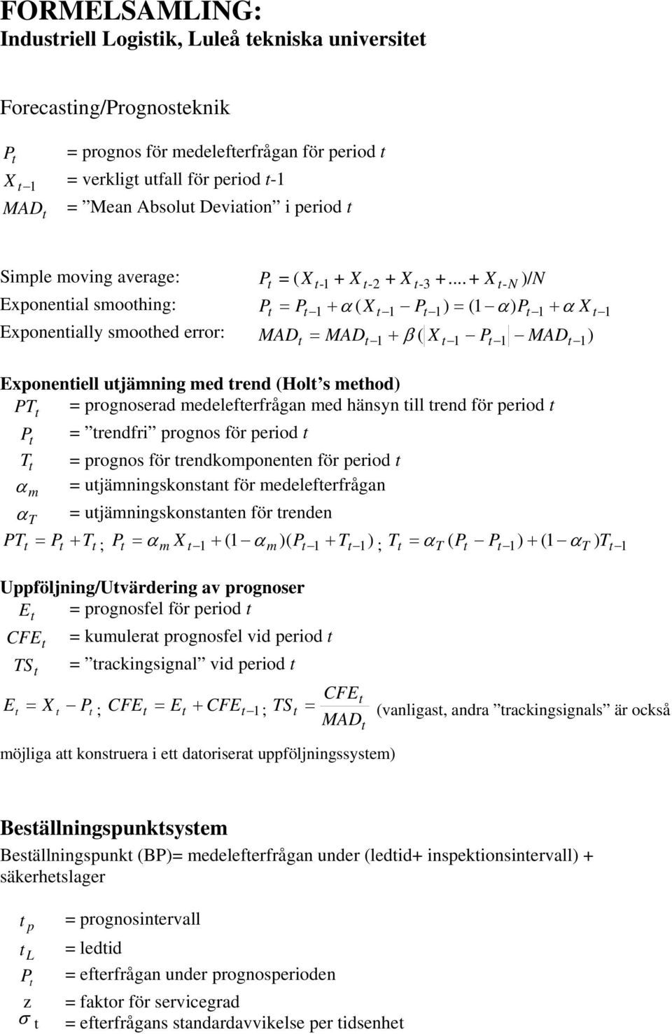 .. + X -N )/ N Exponena smoohng: P P 1 ( X 1 P 1 ) (1 ) P 1 X 1 Exponenay smoohed error: MAD MAD X P MAD ) 1 ( 1 1 1 Exponene ujämnng med rend (Ho s mehod) PT = prognoserad medeeferfrågan med hänsyn