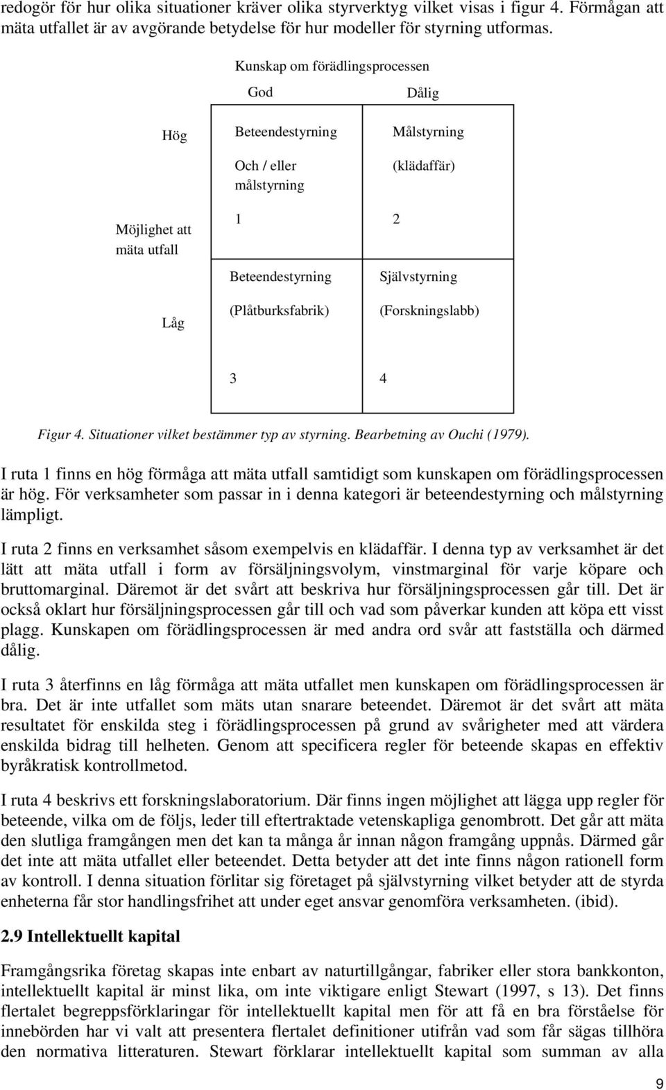 (Forskningslabb) 3 4 Figur 4. Situationer vilket bestämmer typ av styrning. Bearbetning av Ouchi (1979).