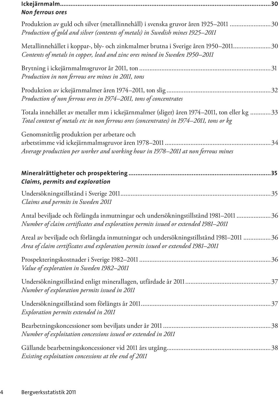 ..30 Contents of metals in copper, lead and zinc ores mined in Sweden 1950 2011 Brytning i ickejärnmalmsgruvor år 2011, ton.