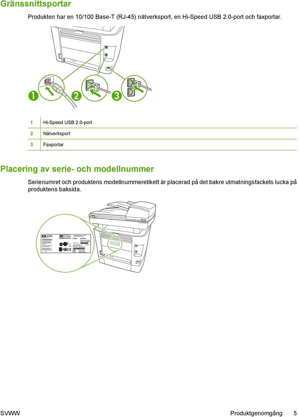 0-port 2 Nätverksport 3 Faxportar Placering av serie- och modellnummer Serienumret och