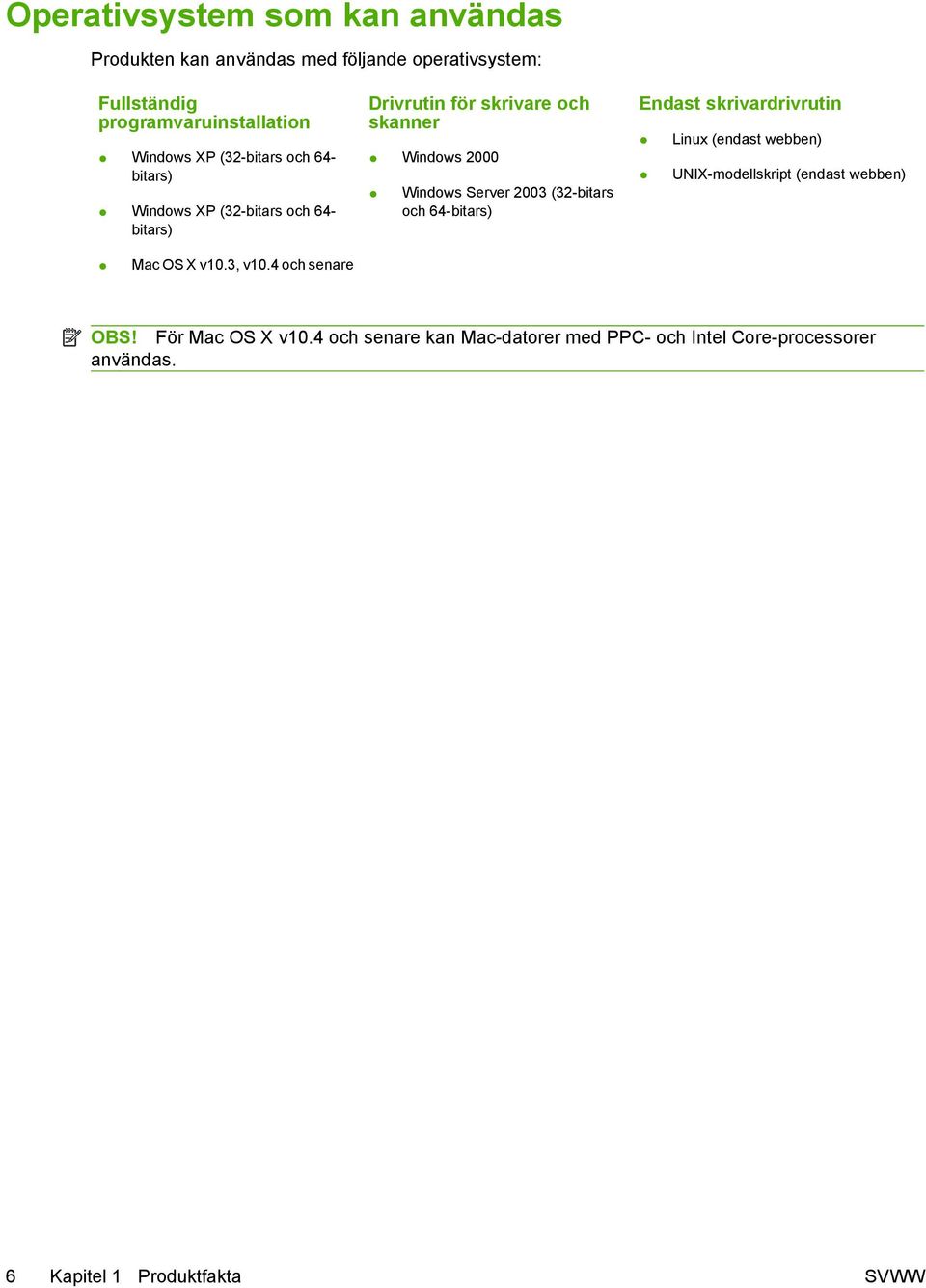 (32-bitars och 64-bitars) Endast skrivardrivrutin Linux (endast webben) UNIX-modellskript (endast webben) Mac OS X v10.3, v10.
