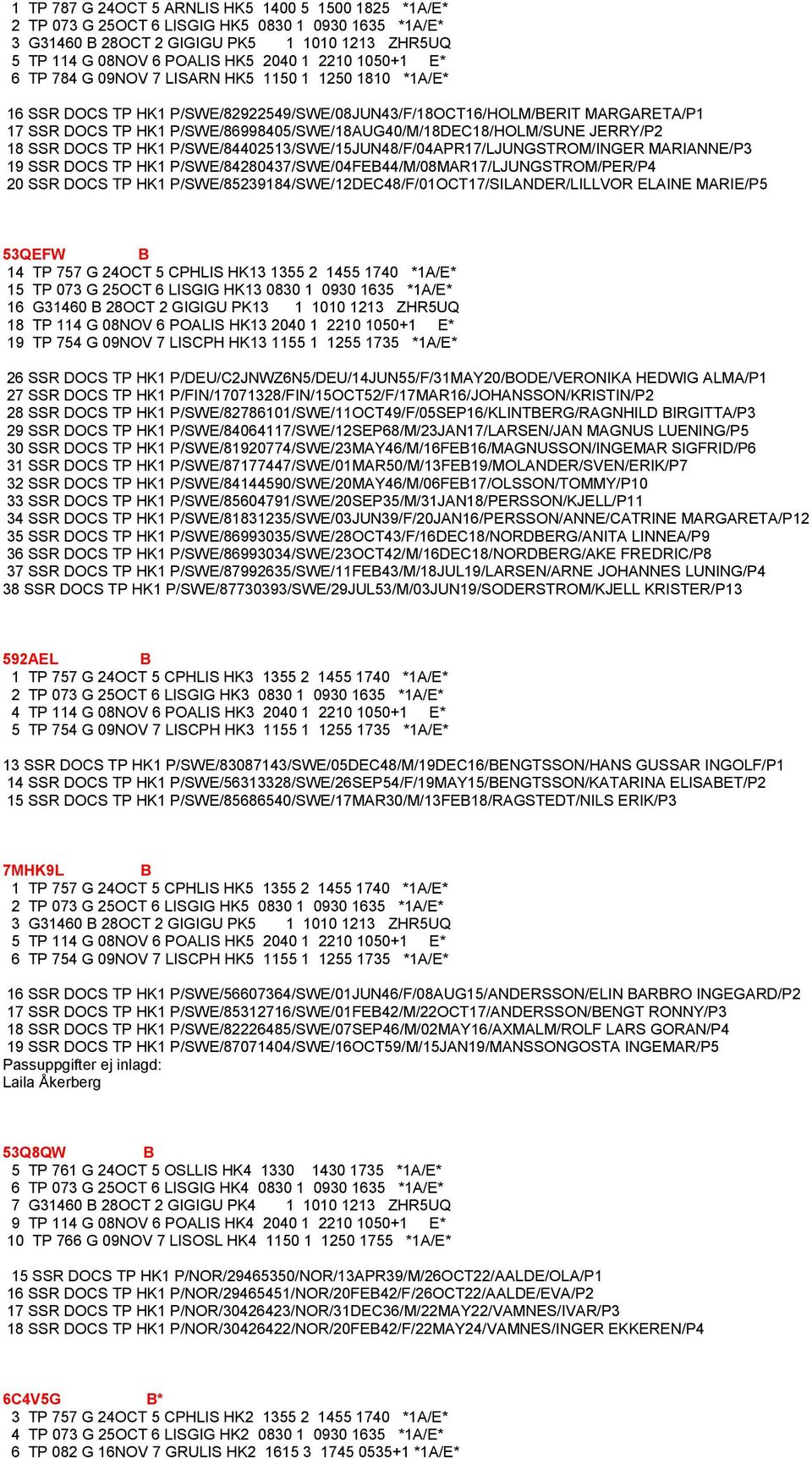P/SWE/86998405/SWE/18AUG40/M/18DEC18/HOLM/SUNE JERRY/P2 18 SSR DOCS TP HK1 P/SWE/84402513/SWE/15JUN48/F/04APR17/LJUNGSTROM/INGER MARIANNE/P3 19 SSR DOCS TP HK1