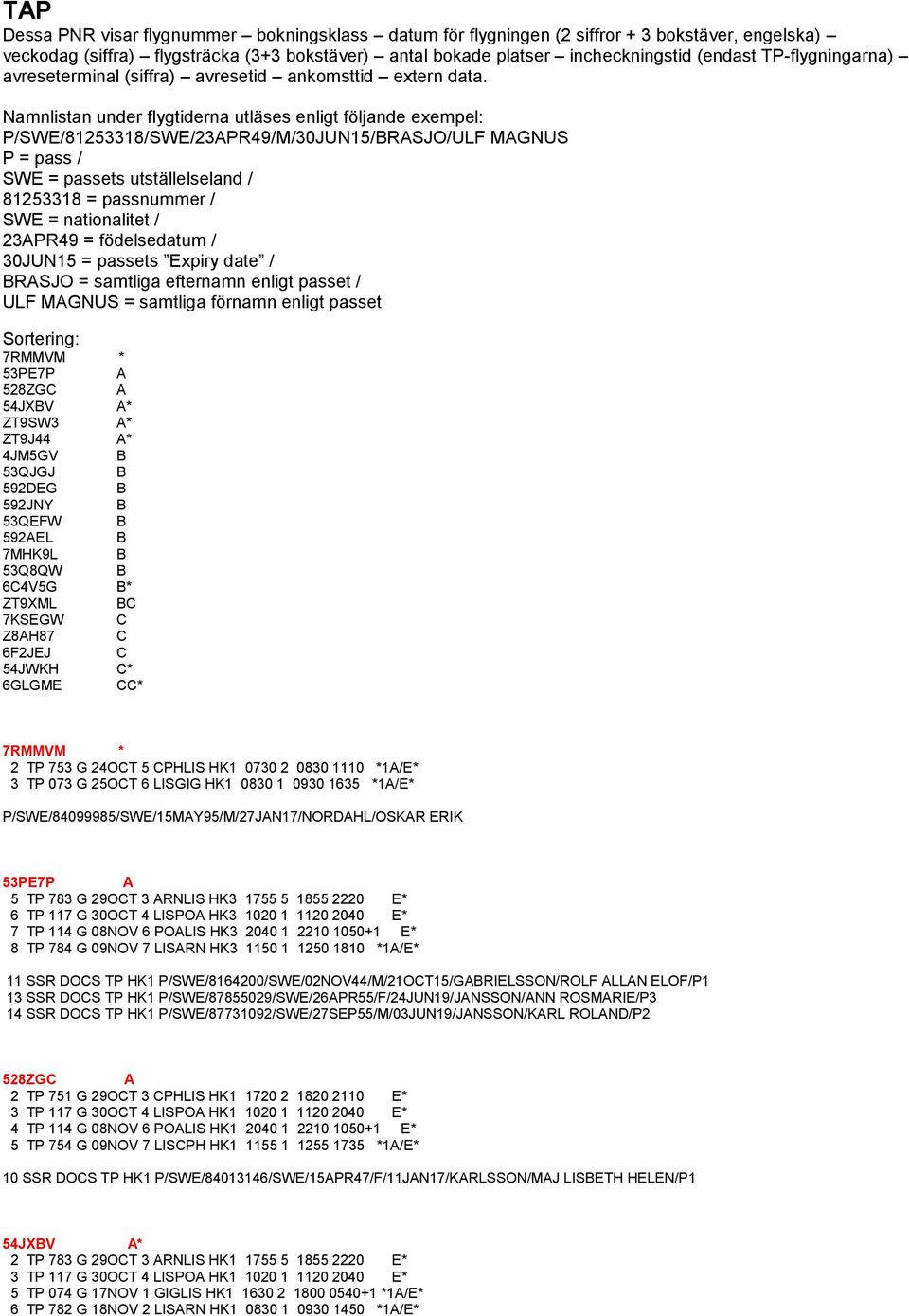 Namnlistan under flygtiderna utläses enligt följande exempel: P/SWE/81253318/SWE/23APR49/M/30JUN15/BRASJO/ULF MAGNUS P = pass / SWE = passets utställelseland / 81253318 = passnummer / SWE =