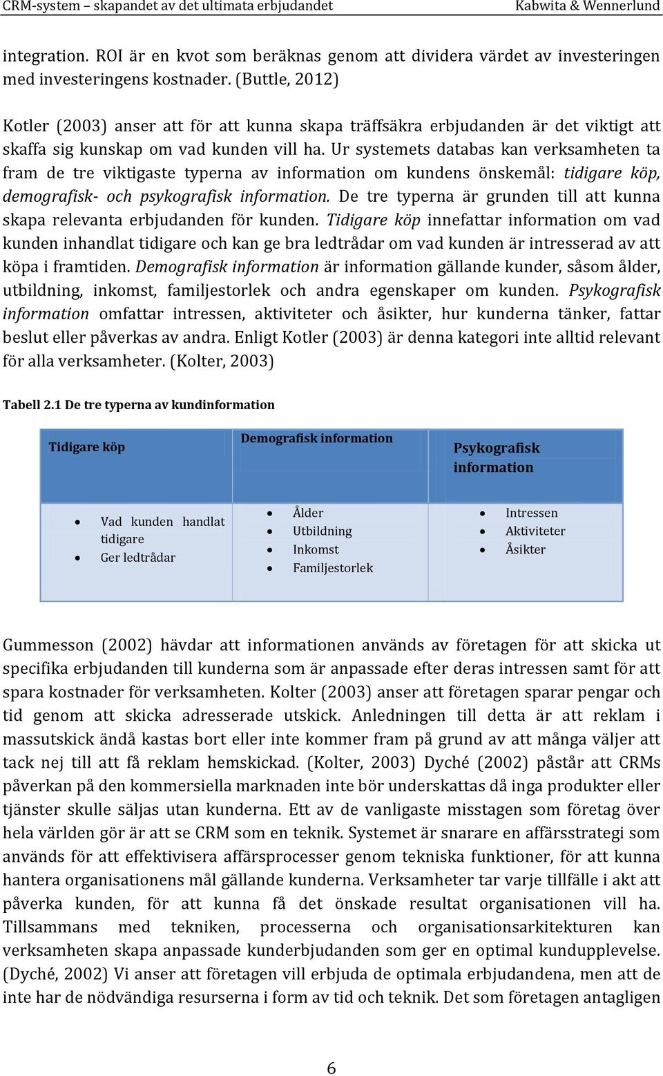 Ur systemets databas kan verksamheten ta fram de tre viktigaste typerna av information om kundens önskemål: tidigare köp, demografisk- och psykografisk information.