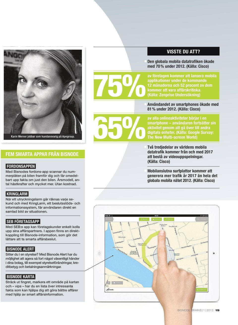 (Källa: Zenprise Undersökning) Användandet av smartphones ökade med 81 % under 2012. (Källa: Cisco) Karin Werner jobbar som kundansvarig på Apegroup.