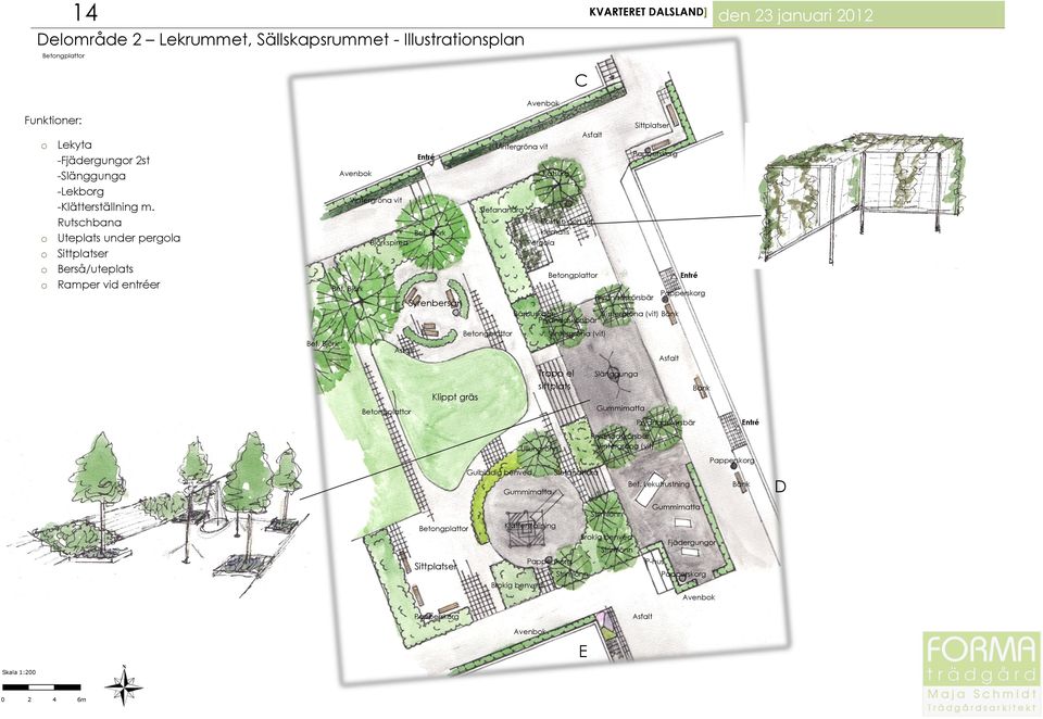 Björk Syrenbersån Klippt gräs Betongplattor Sittplatser Betongplattor Gulbladig benved Brokig benved Avenbok Vintergröna vit Stefanandra Katsura Rostvin och Vit klematis Pergola el sittplats