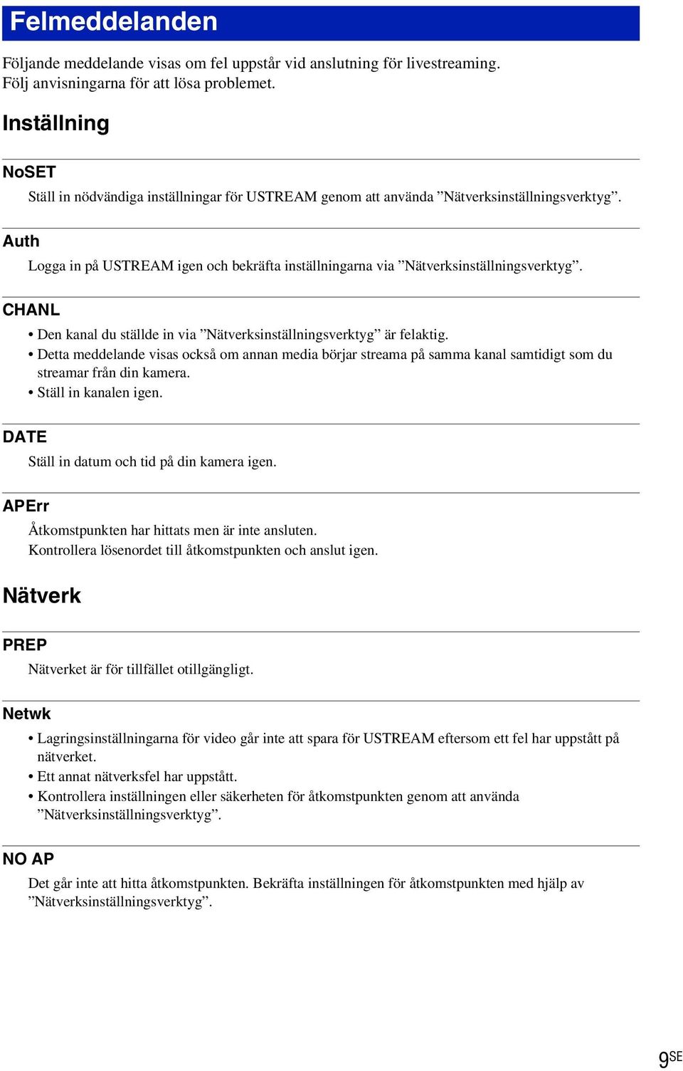 Auth Logga in på USTREAM igen och bekräfta inställningarna via Nätverksinställningsverktyg. CHANL Den kanal du ställde in via Nätverksinställningsverktyg är felaktig.