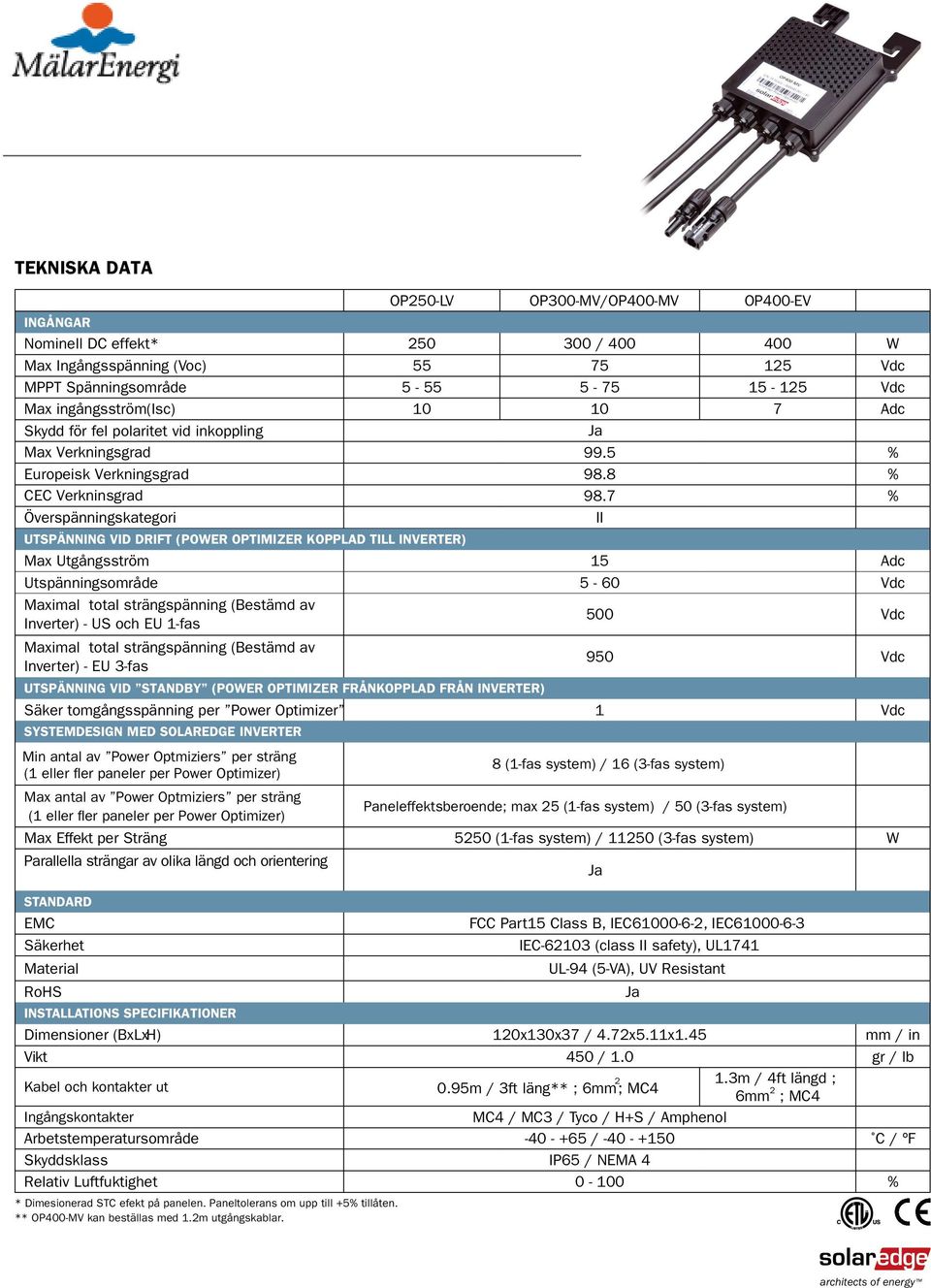 7 % Max Utgångsström 15 Adc Utspänningsområde 5-60 Vdc Maximal total strängspänning (Bestämd av nverter) - US och EU 1-fas 500 Vdc Maximal total strängspänning (Bestämd av nverter) - EU 3-fas 950 Vdc