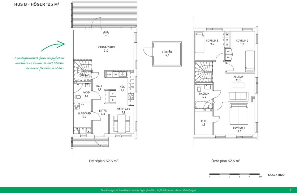 Entréplan 62,6 m 2 Övre plan 62,6 m 2 SKALA 1:100 Planlösningen är