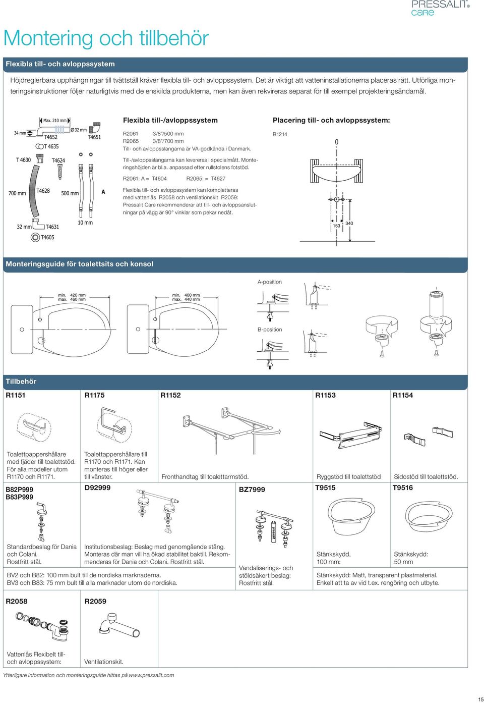 Flexibla till-/avloppssystem Placering till- och avloppssystem: R2061 3/8 /500 mm R2065 3/8 /700 mm Till- och avloppsslangarna är VA-godkända i Danmark.