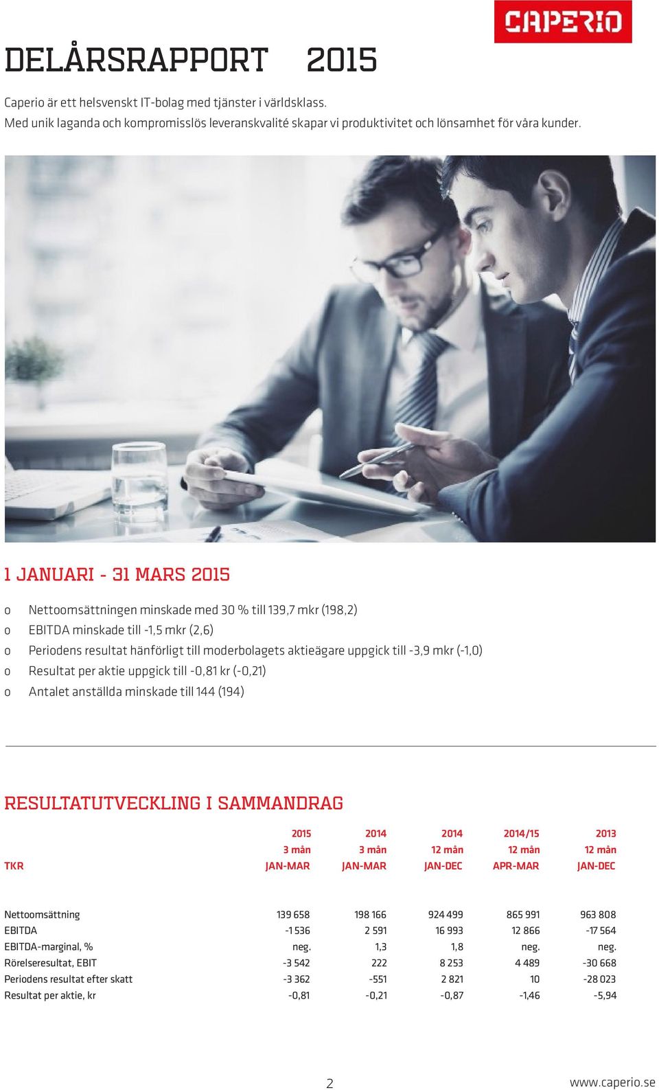 mkr (1,0) o Resultat per aktie uppgick till 0,81 kr (0,21) o Antalet anställda minskade till 144 (194) RESULTATUTVECKLING I SAMMANDRAG 2015 /15 2013 12 mån 12 mån 12 mån TKR JANMAR JANMAR JANDEC