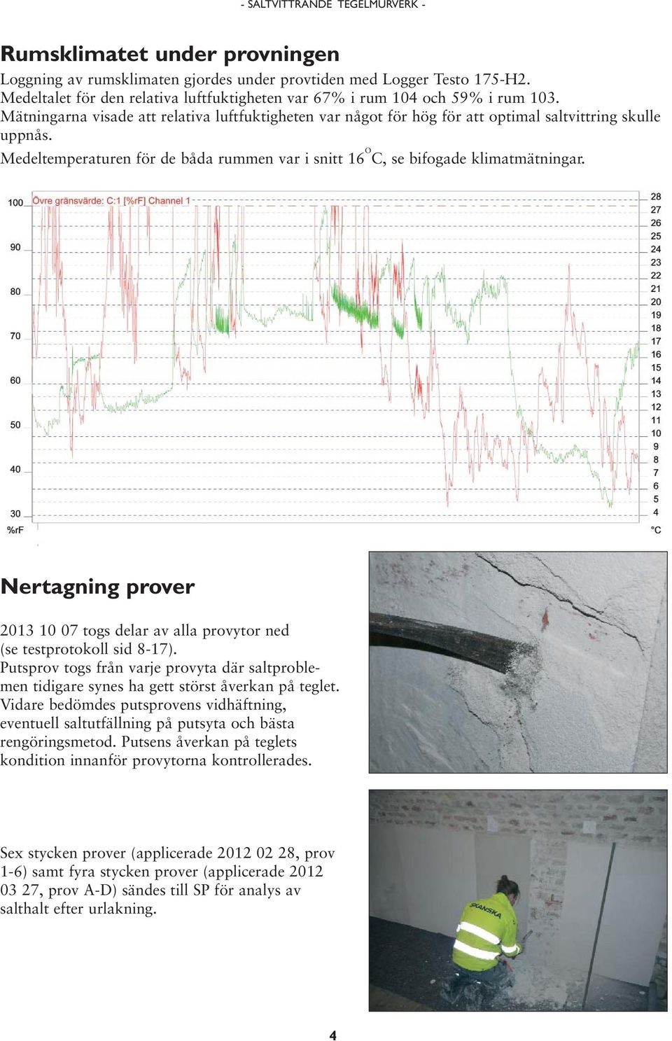 Medeltemperaturen för de båda rummen var i snitt 16 O C, se bifogade klimatmätningar. Nertagning prover 2013 10 07 togs delar av alla provytor ned (se testprotokoll sid 8-17).