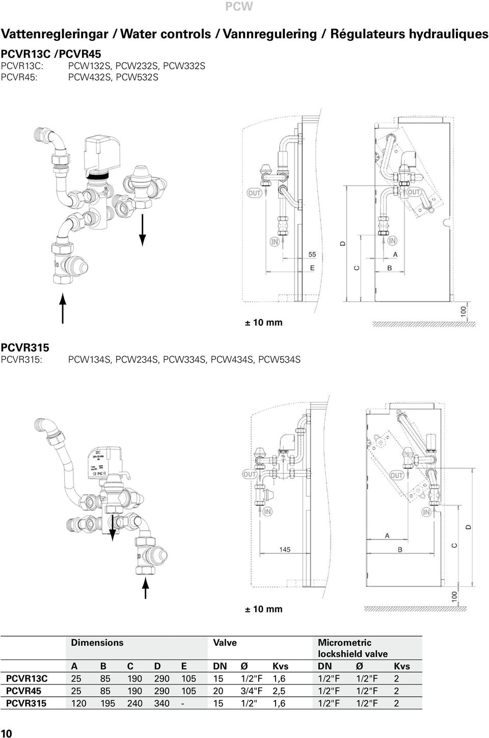 mm Dimensions Valve icrometric lockshield valve A B C D E DN Ø Kvs DN Ø Kvs PCVR13C 25 85 190 290 105 15 1/2"F 1,6