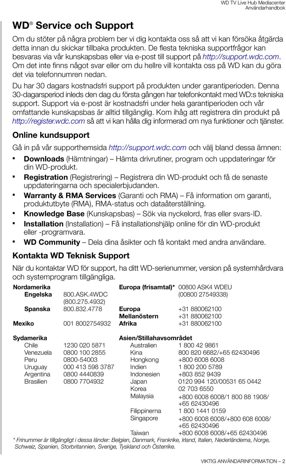 Om det inte finns något svar eller om du hellre vill kontakta oss på WD kan du göra det via telefonnumren nedan. Du har 30 dagars kostnadsfri support på produkten under garantiperioden.