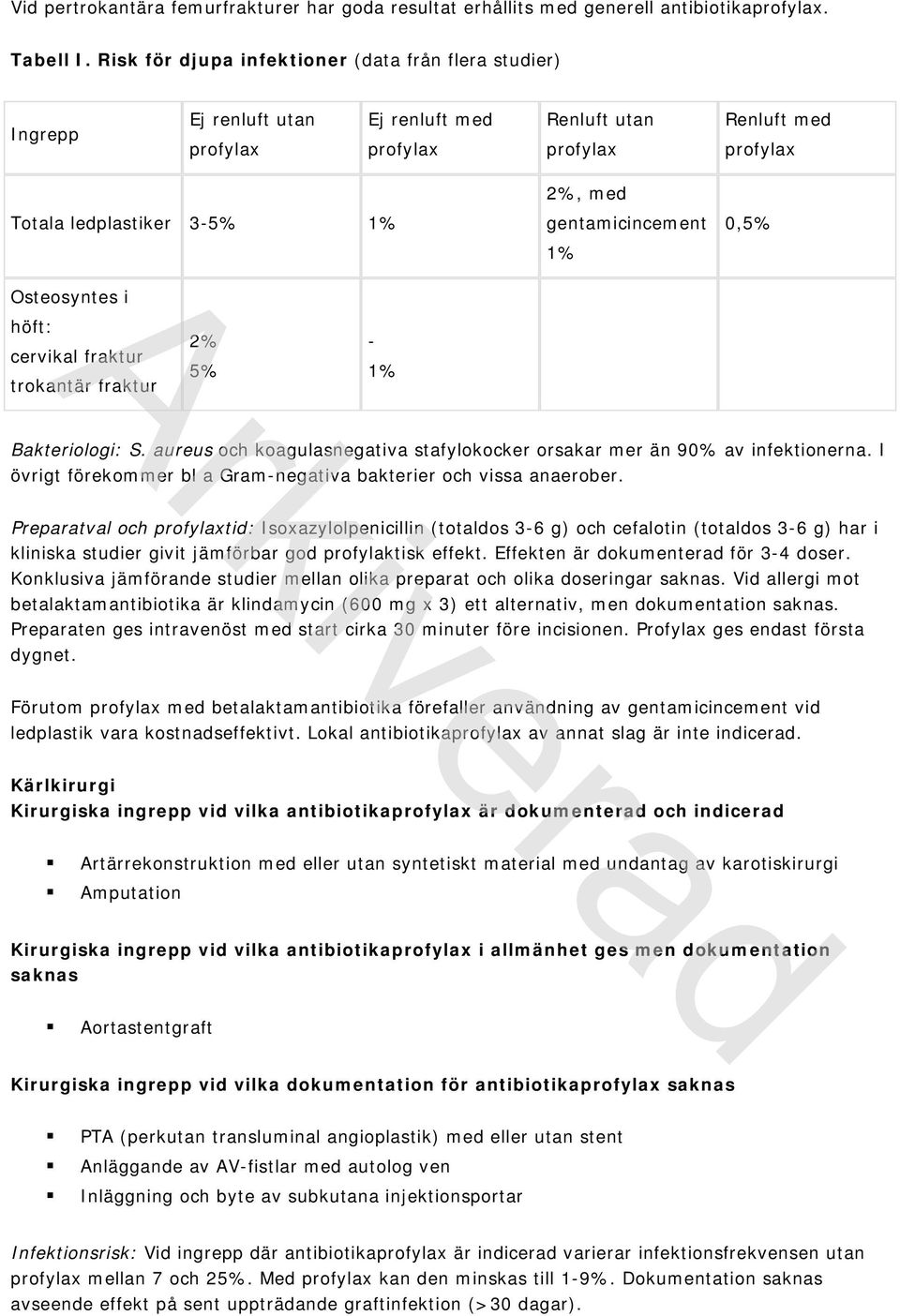 gentamicincement 1% 0,5% Osteosyntes i höft: cervikal fraktur trokantär fraktur 2% 5% - 1% Bakteriologi: S. aureus och koagulasnegativa stafylokocker orsakar mer än 90% av infektionerna.