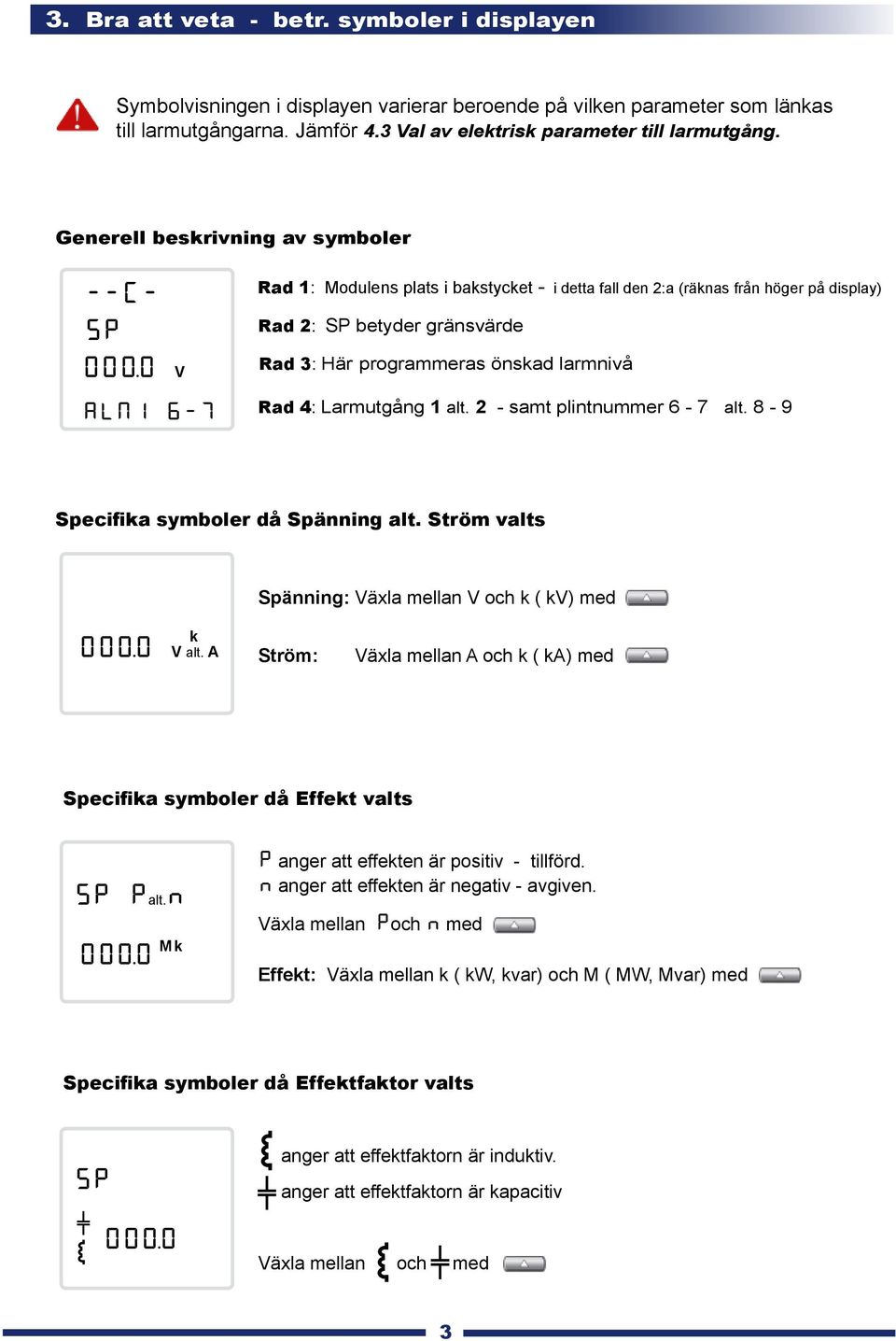 0 V Rad 1: Modulens plats i bastycet - i detta fall den :a (ränas från höger på display) Rad : SP betyder gränsvärde Rad : Här programmeras önsad larmnivå Rad 4: Larmutgång 1 alt.