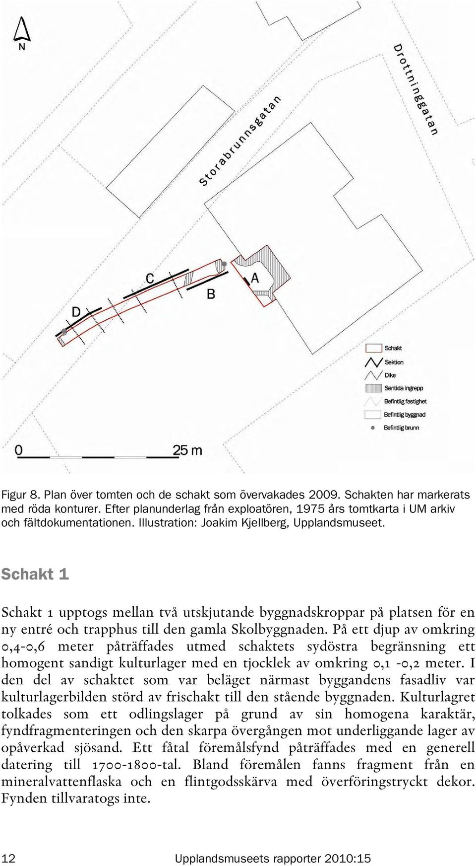 På ett djup av omkring 0,4-0,6 meter påträffades utmed schaktets sydöstra begränsning ett homogent sandigt kulturlager med en tjocklek av omkring 0,1-0,2 meter.