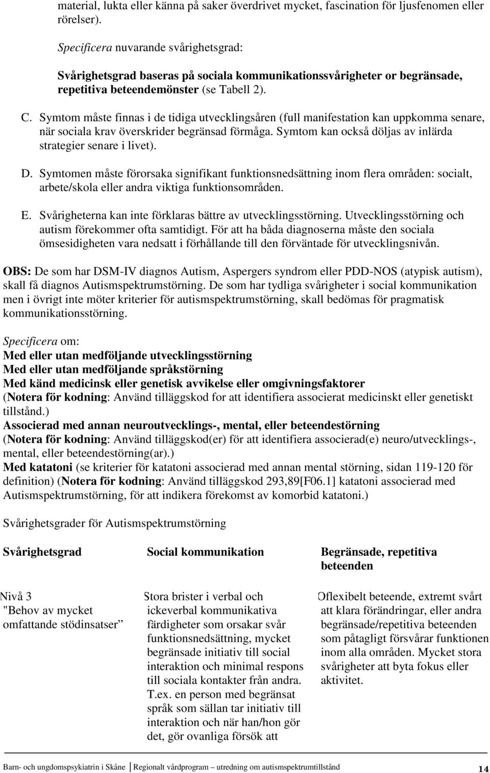 Symtom måste finnas i de tidiga utvecklingsåren (full manifestation kan uppkomma senare, när sociala krav överskrider begränsad förmåga. Symtom kan också döljas av inlärda strategier senare i livet).