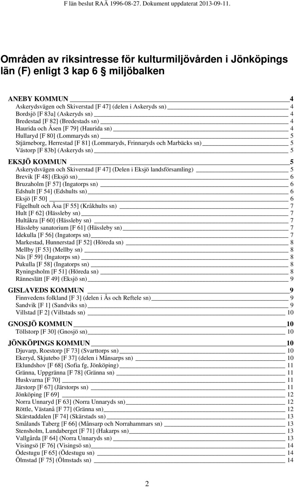 (Askeryds sn) 5 EKSJÖ KOMMUN 5 Askerydsvägen och Skiverstad [F 47] (Delen i Eksjö landsförsamling) 5 Brevik [F 48] (Eksjö sn) 6 Bruzaholm [F 57] (Ingatorps sn) 6 Edshult [F 54] (Edshults sn) 6 Eksjö