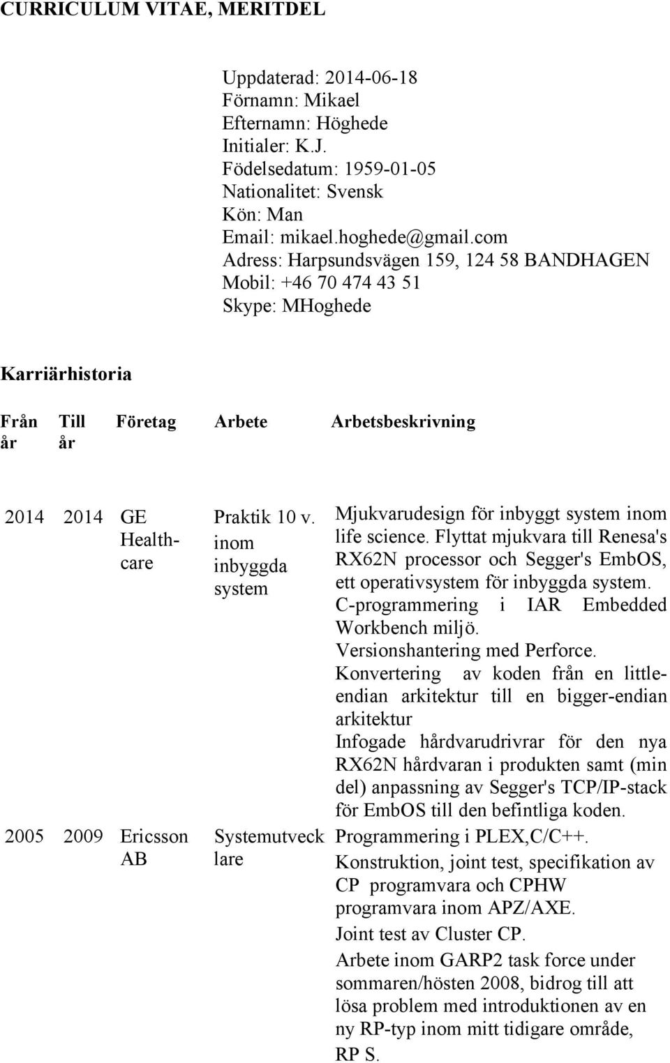 Praktik 10 v. inom inbyggda system Systemutveck lare Mjukvarudesign för inbyggt system inom life science.