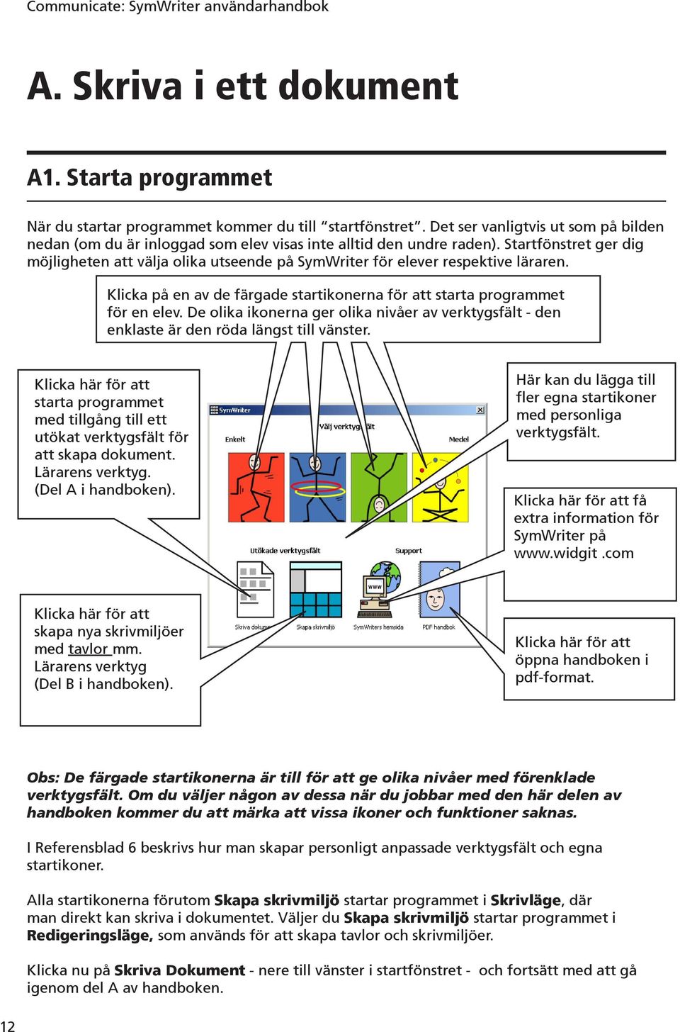 Startfönstret ger dig möjligheten att välja olika utseende på SymWriter för elever respektive läraren. Klicka på en av de färgade startikonerna för att starta programmet för en elev.