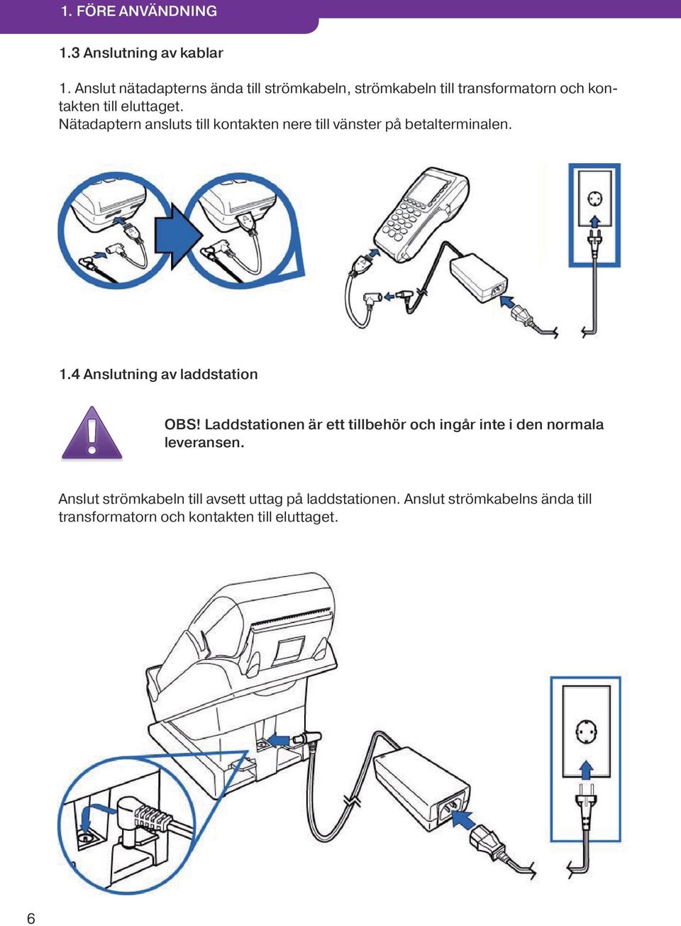 Nätadaptern ansluts till kontakten nere till vänster på betalterminalen. 1.4 Anslutning av laddstation OBS!