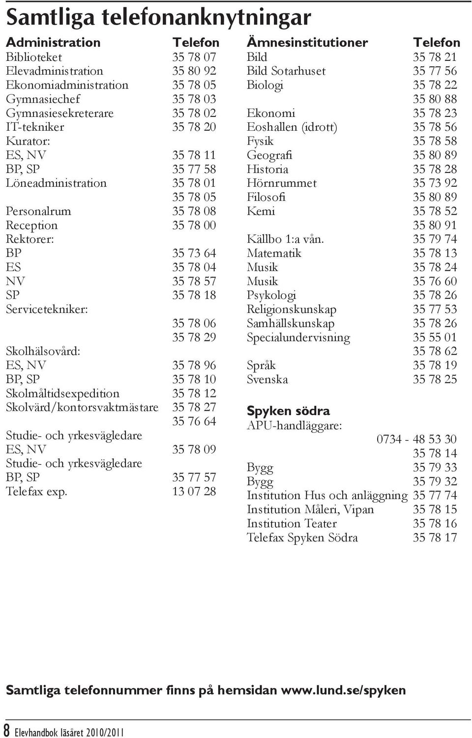 35 78 06 35 78 29 Skolhälsovård: ES, NV 35 78 96 BP, SP 35 78 10 Skolmåltidsexpedition 35 78 12 Skolvärd/kontorsvaktmästare 35 78 27 35 76 64 Studie- och yrkesvägledare ES, NV 35 78 09 Studie- och