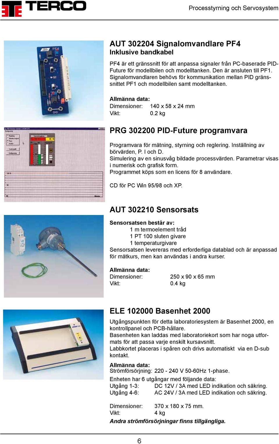 2 kg PRG 302200 PID-Future programvara Programvara för mätning, styrning och reglering. Inställning av börvärden, P. I och D. Simulering av en sinusvåg bildade processvärden.