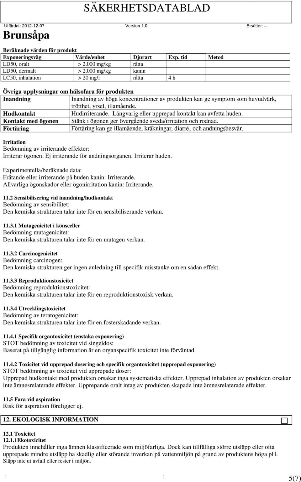 yrsel, illamående. Hudkontakt Hudirriterande. Långvarig eller upprepad kontakt kan avfetta huden. Kontakt med ögonen Stänk i ögonen ger övergående sveda/irritation och rodnad.