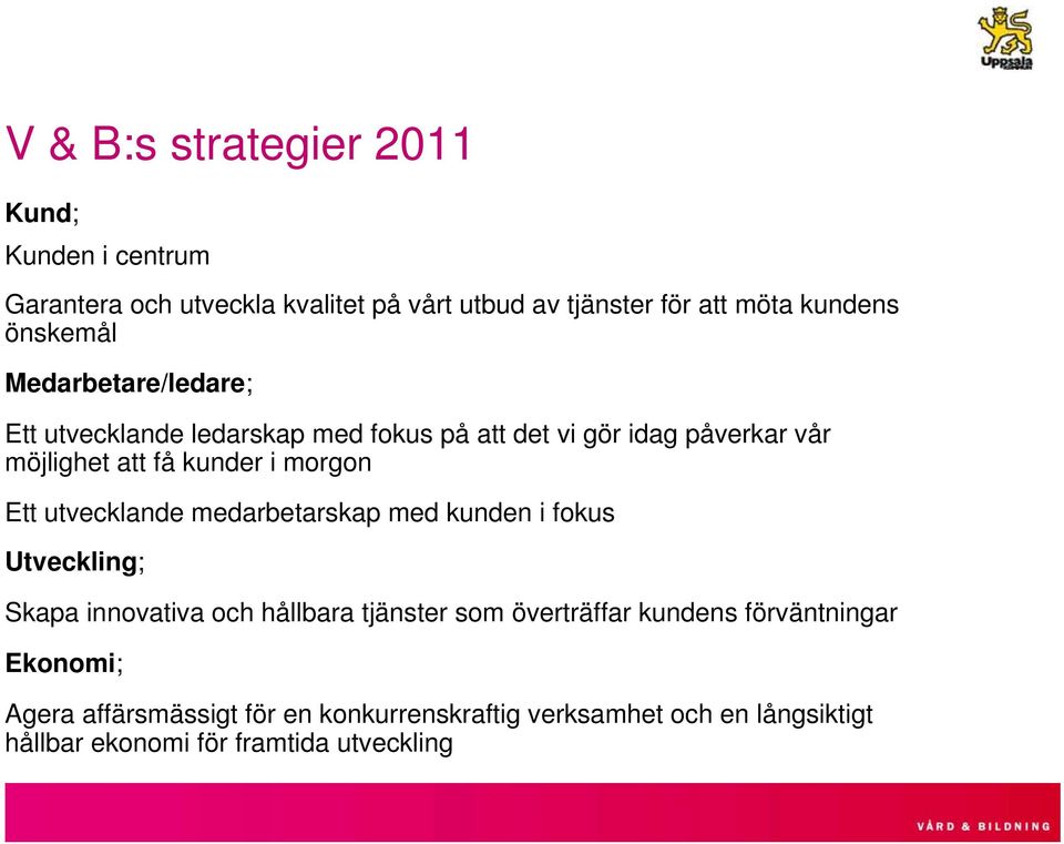 morgon Ett utvecklande medarbetarskap med kunden i fokus Utveckling; Skapa innovativa och hållbara tjänster som överträffar