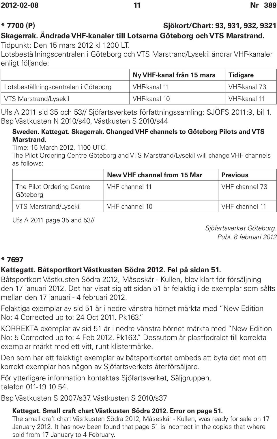 VTS Marstrand/Lysekil VHF-kanal 10 VHF-kanal 11 Ufs A 2011 sid 35 och 53// Sjöfartsverkets författningssamling: SJÖFS 2011:9, bil 1. Bsp Västkusten N 2010/s40, Västkusten S 2010/s44 Sweden. Kattegat.