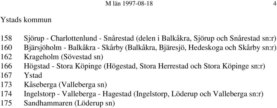 sn) 166 Högstad - Stora Köpinge (Högestad, Stora Herrestad och Stora Köpinge sn:r) 167 Ystad 173 Kåseberga