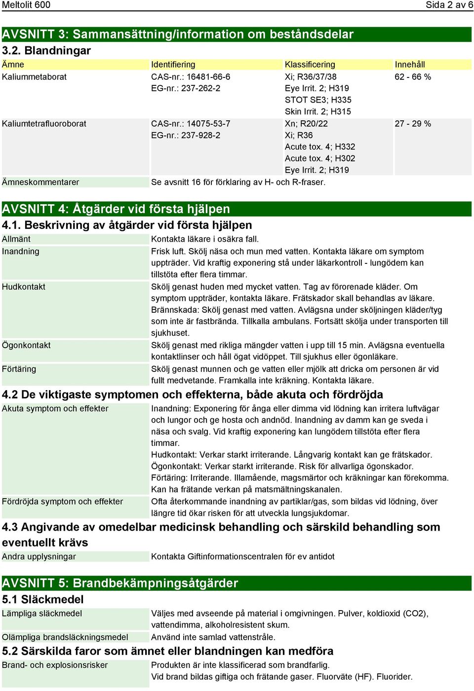 4; H332 Acute tox. 4; H302 Eye Irrit. 2; H319 Se avsnitt 16 för förklaring av H- och R-fraser. AVSNITT 4: Åtgärder vid första hjälpen 4.1. Beskrivning av åtgärder vid första hjälpen Allmänt Kontakta läkare i osäkra fall.