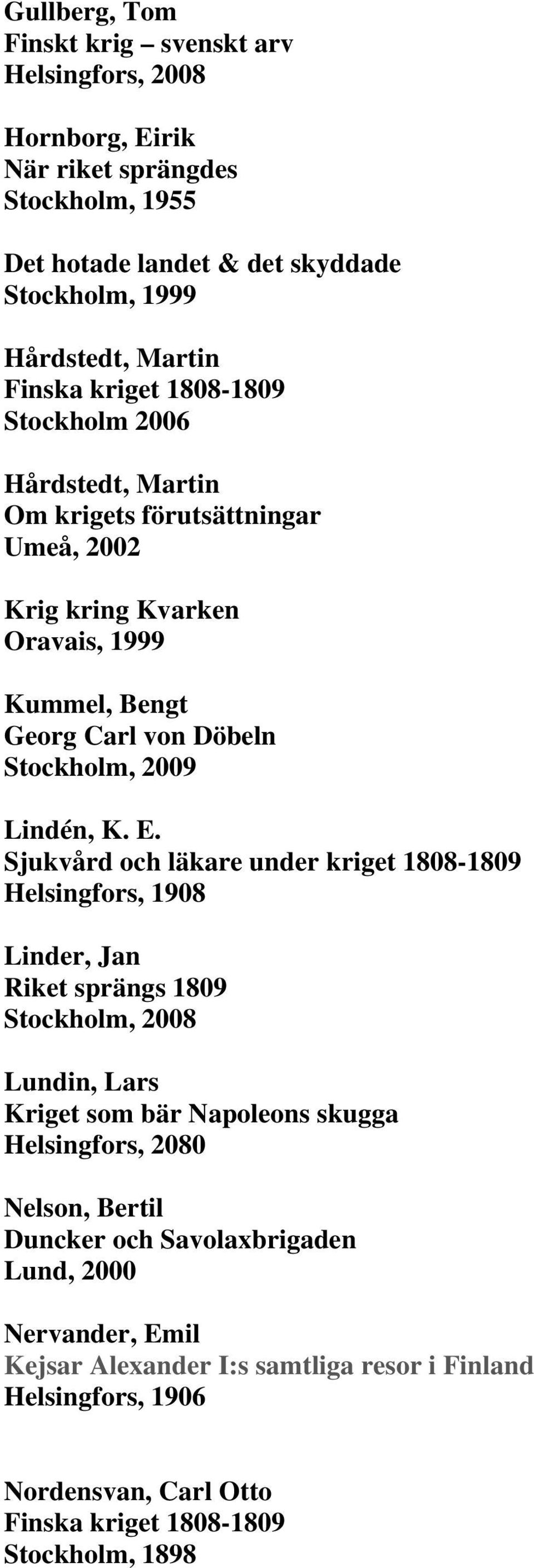 E. Sjukvård och läkare under kriget 1808-1809 Helsingfors, 1908 Linder, Jan Riket sprängs 1809 Stockholm, 2008 Lundin, Lars Kriget som bär Napoleons skugga Helsingfors, 2080 Nelson,