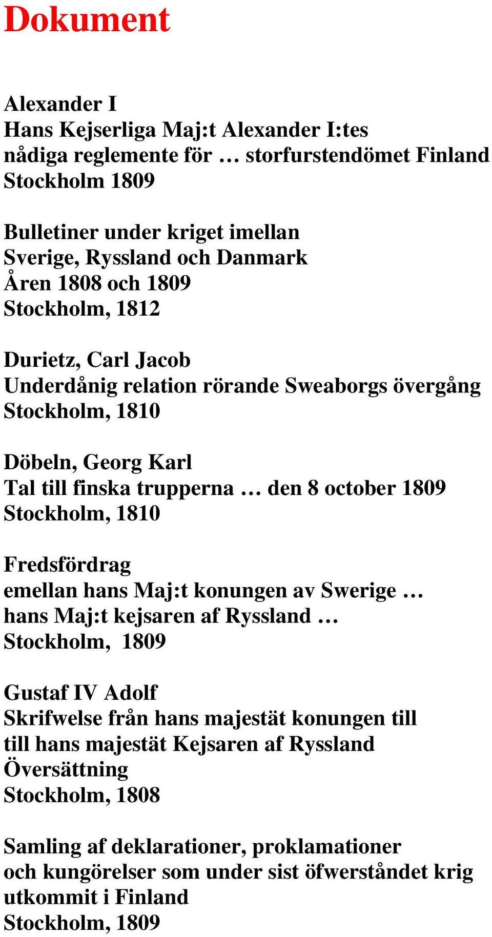 Stockholm, 1810 Fredsfördrag emellan hans Maj:t konungen av Swerige hans Maj:t kejsaren af Ryssland Stockholm, 1809 Gustaf IV Adolf Skrifwelse från hans majestät konungen till till