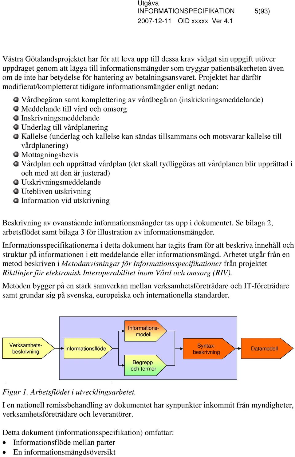 Projektet har därför modifierat/kompletterat tidigare informationsmängder enligt nedan: Vårdbegäran samt komplettering av vårdbegäran (inskickningsmeddelande) Meddelande till vård och omsorg