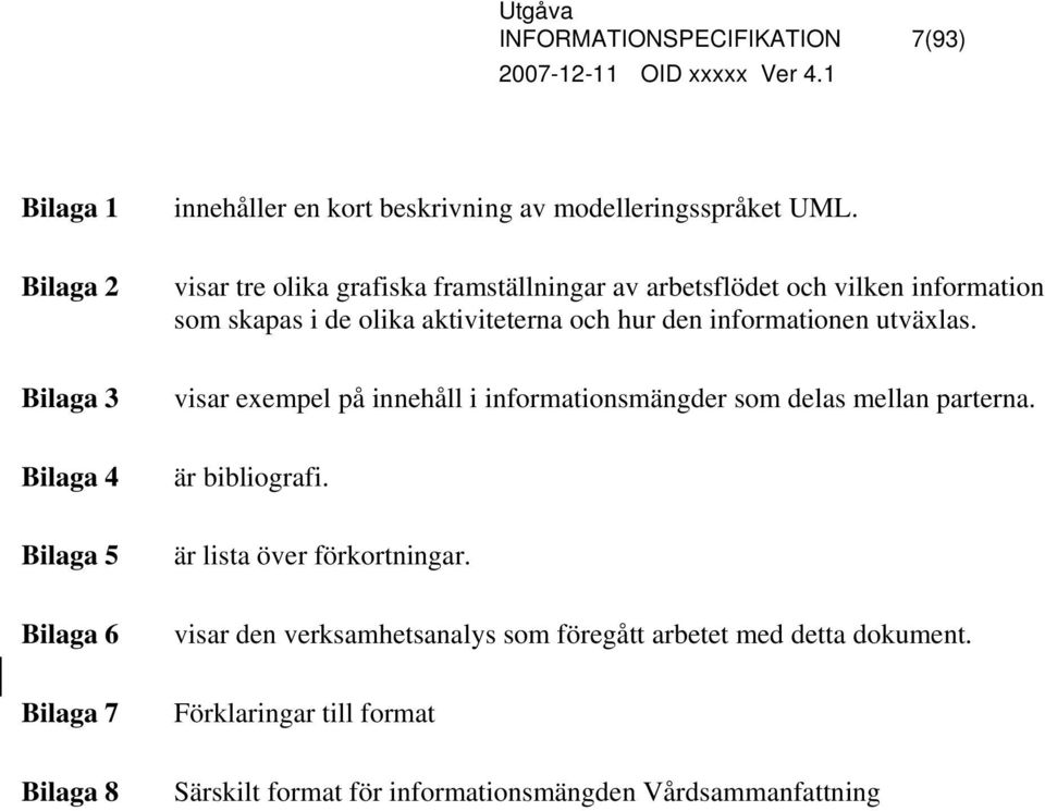 informationen utväxlas. Bilaga 3 visar exempel på innehåll i informationsmängder som delas mellan parterna. Bilaga 4 är bibliografi.
