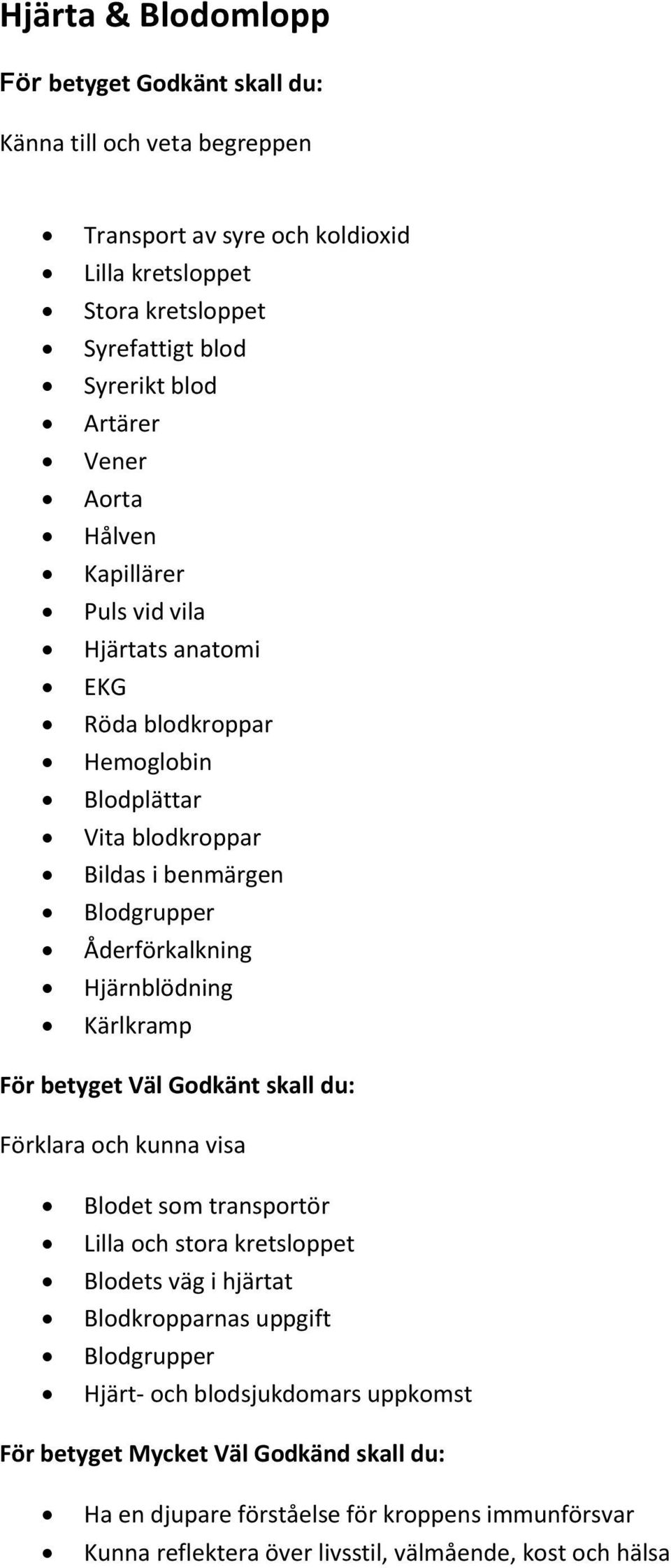 Åderförkalkning Hjärnblödning Kärlkramp Blodet som transportör Lilla och stora kretsloppet Blodets väg i hjärtat Blodkropparnas uppgift