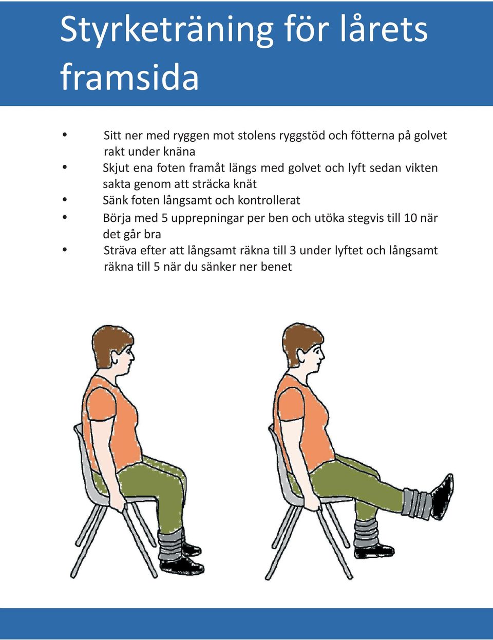 Sänk foten långsamt och kontrollerat Börja med 5 upprepningar per ben och utöka stegvis till 10 när det