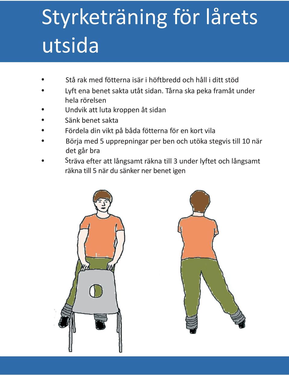 Tårna ska peka framåt under hela rörelsen Undvik att luta kroppen åt sidan Sänk benet sakta Fördela din vikt på