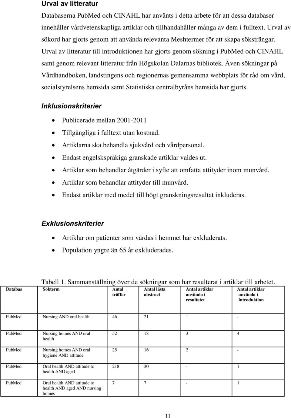 Urval av litteratur till introduktionen har gjorts genom sökning i PubMed och CINAHL samt genom relevant litteratur från Högskolan Dalarnas bibliotek.