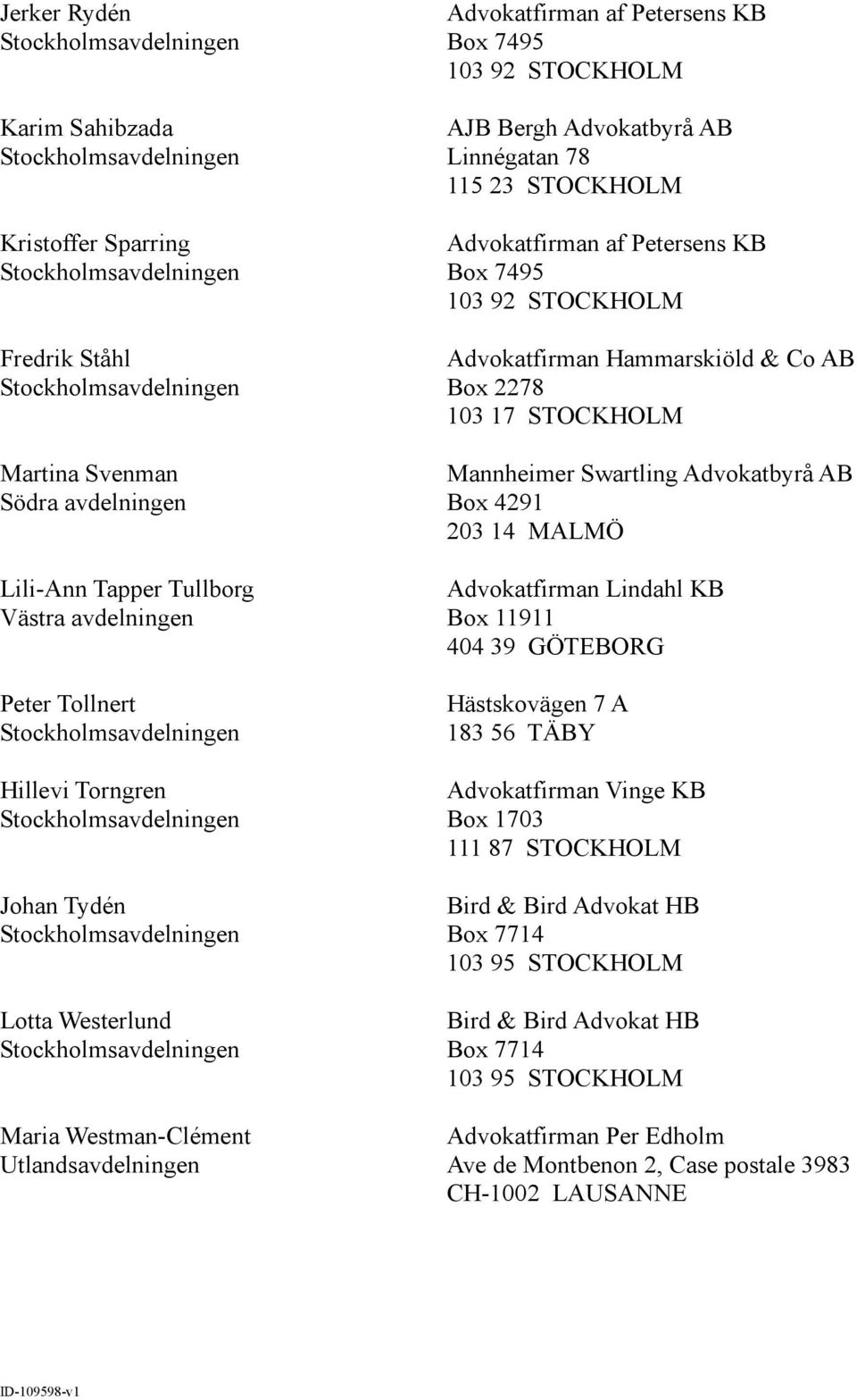 7495 103 92 STOCKHOLM Advokatfirman Hammarskiöld & Co AB Box 2278 103 17 STOCKHOLM Box 4291 203 14 MALMÖ Advokatfirman Lindahl KB Box 11911 404 39 GÖTEBORG Hästskovägen 7 A 183 56