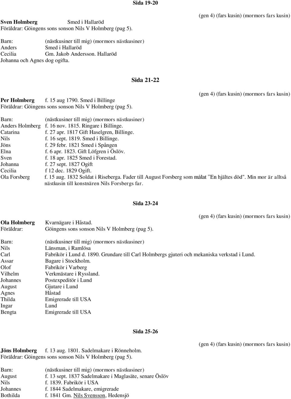 Sida 21-22 Per Holmberg f. 15 aug 1790. Smed i Billinge Föräldrar: Göingens sons sonson Nils V Holmberg (pag 5).