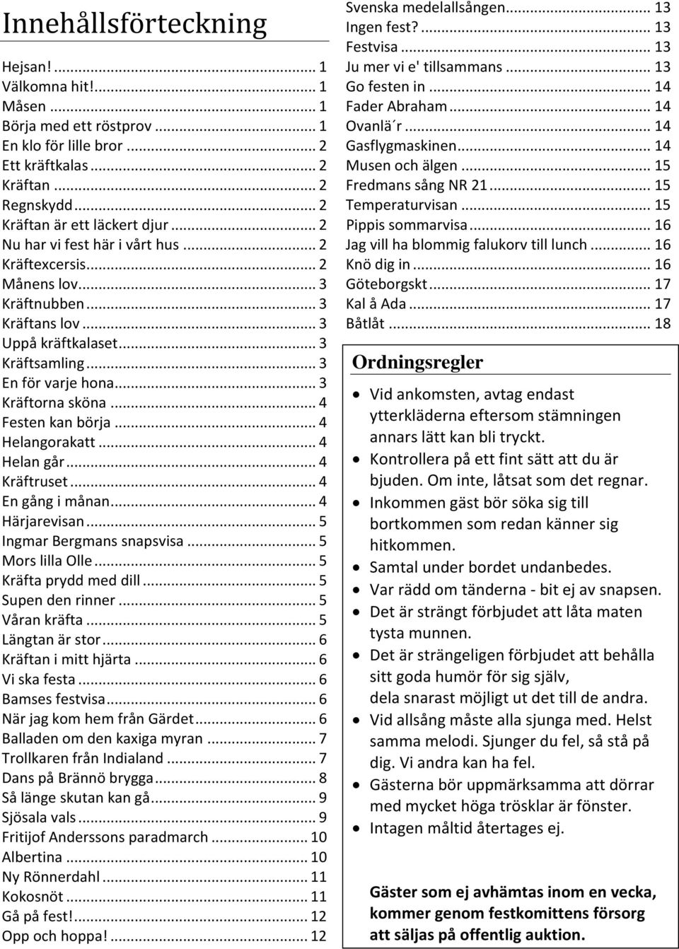 .. 4 Festen kan börja... 4 Helangorakatt... 4 Helan går... 4 Kräftruset... 4 En gång i månan... 4 Härjarevisan... 5 Ingmar Bergmans snapsvisa... 5 Mors lilla Olle... 5 Kräfta prydd med dill.