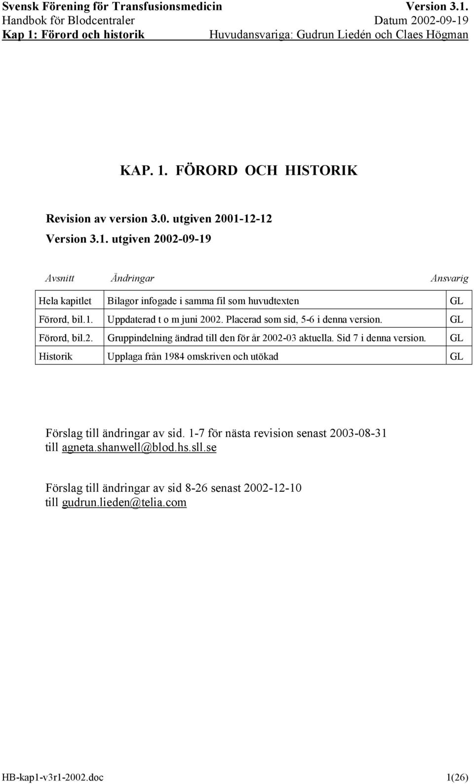 Sid 7 i denna version. GL Historik Upplaga från 1984 omskriven och utökad GL Förslag till ändringar av sid. 1-7 för nästa revision senast 2003-08-31 till agneta.