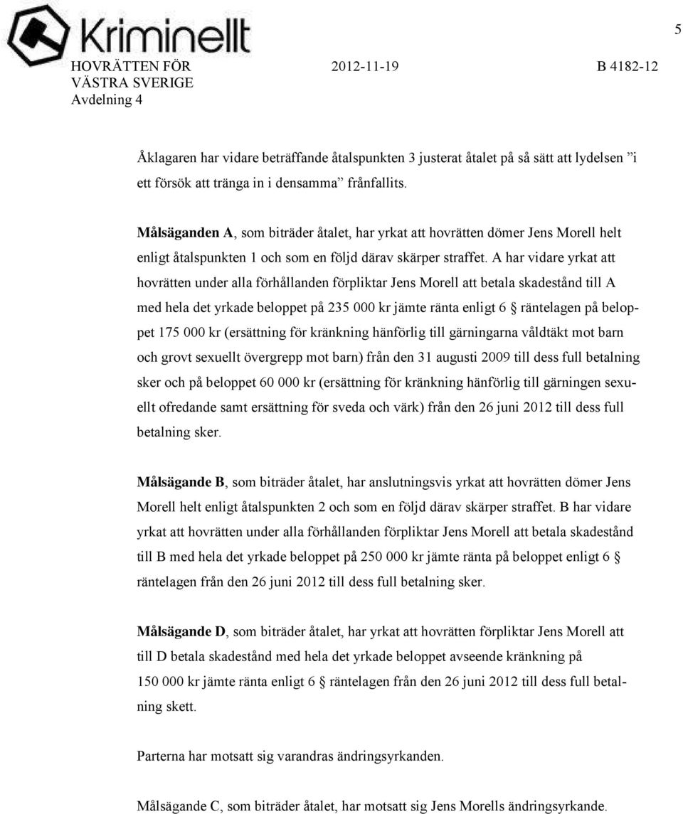 A har vidare yrkat att hovrätten under alla förhållanden förpliktar Jens Morell att betala skadestånd till A med hela det yrkade beloppet på 235 000 kr jämte ränta enligt 6 räntelagen på beloppet 175