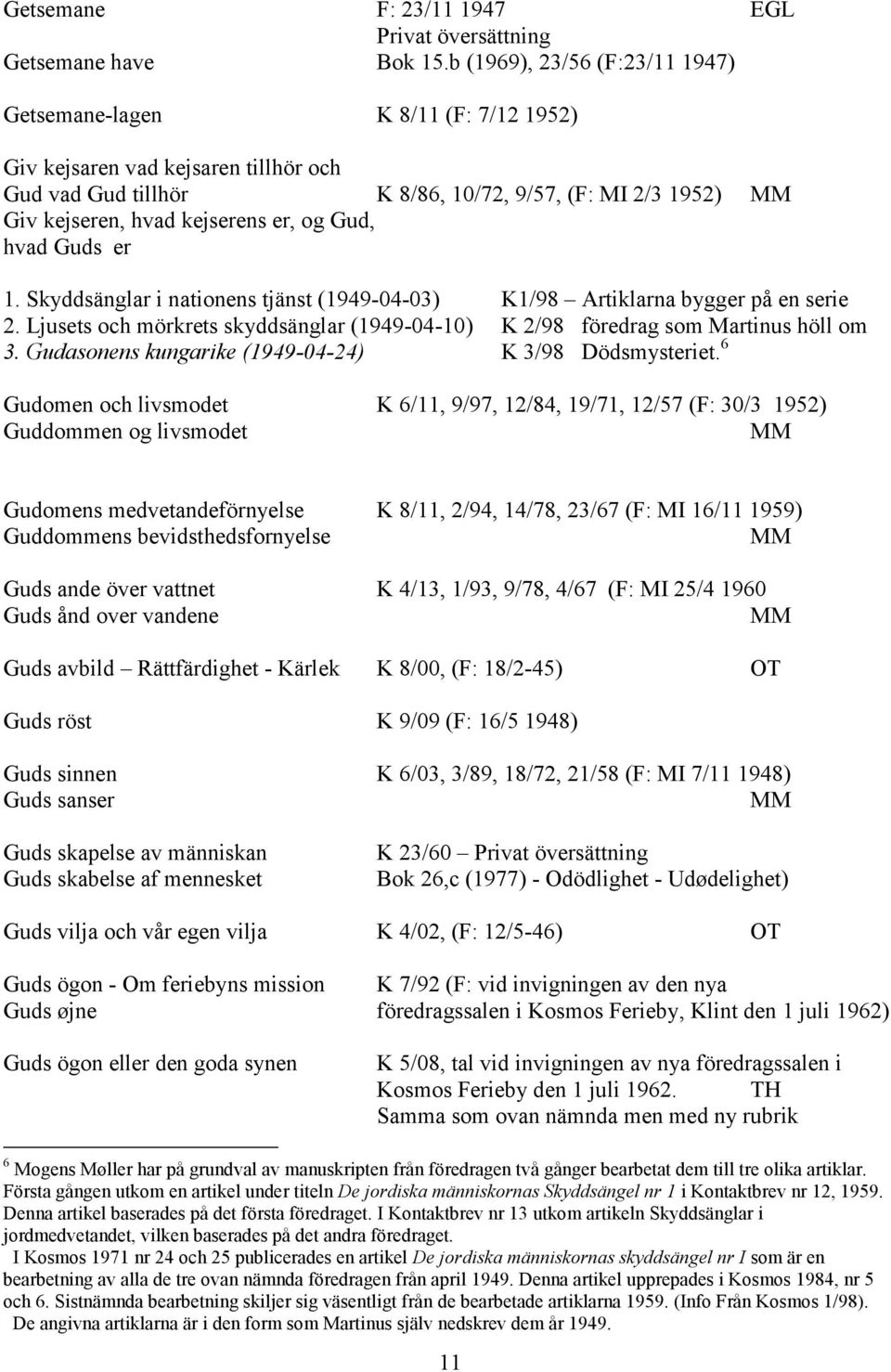 og Gud, hvad Guds er 1. Skyddsänglar i nationens tjänst (1949-04-03) K1/98 Artiklarna bygger på en serie 2. Ljusets och mörkrets skyddsänglar (1949-04-10) K 2/98 föredrag som Martinus höll om 3.