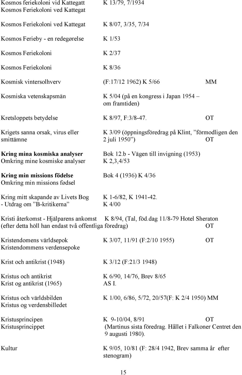 OT Krigets sanna orsak, virus eller K 3/09 (öppningsföredrag på Klint, förmodligen den smittämne 2 juli 1950 ) OT Kring mina kosmiska analyser Bok 12.