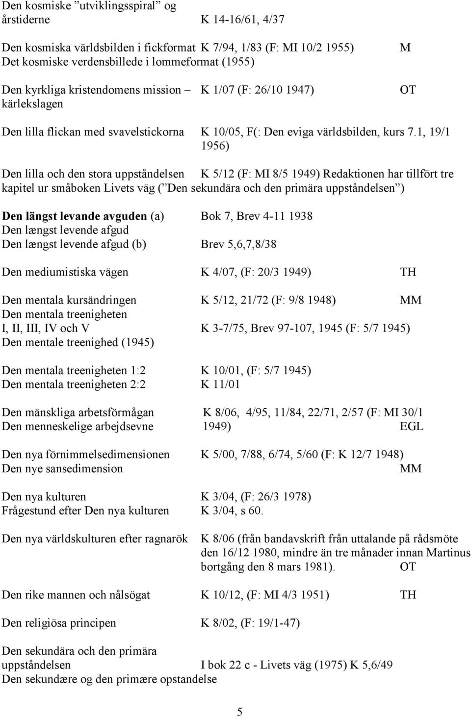 1, 19/1 1956) Den lilla och den stora uppståndelsen K 5/12 (F: MI 8/5 1949) Redaktionen har tillfört tre kapitel ur småboken Livets väg ( Den sekundära och den primära uppståndelsen ) Den längst