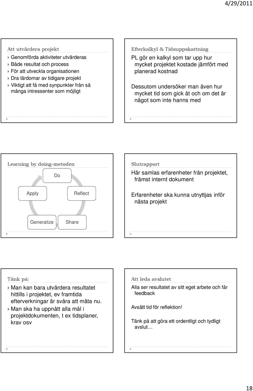 och om det är något som inte hanns med Learning by doing-metoden Do Slutrapport Här samlas erfarenheter från projektet, främst internt dokument Apply Reflect Erfarenheter ska kunna utnyttjas inför